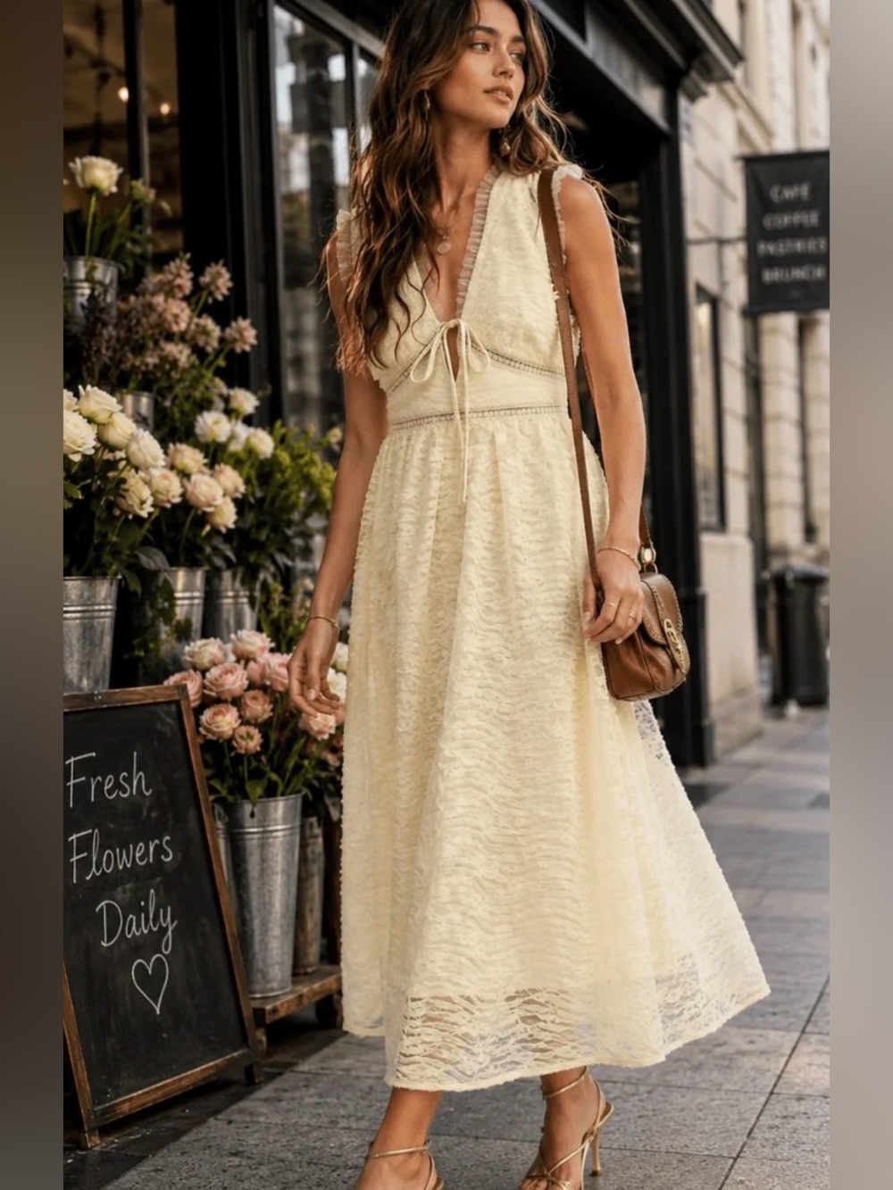 Justme Sleeveless Cream Lace Maxi Dress with V-Neck Tie